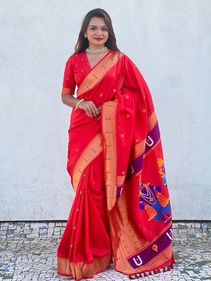 all about you Woven Daily Wear Silk Blend Saree(Red)