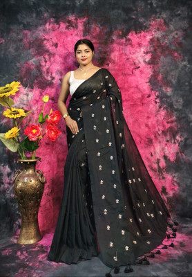 Lakshmi Boutique Printed Handloom Cotton Blend Saree(Black)
