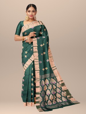 Sarika Woven Handloom Cotton Blend Saree(Dark Green)