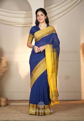 binita Self Design Handloom Cotton Blend Saree(Dark Blue)