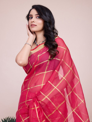 SUDIPTA Woven Kota Doria Cotton Silk Saree(Pink)