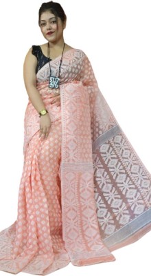 M STORE Woven Jamdani Cotton Silk Saree(Pink)