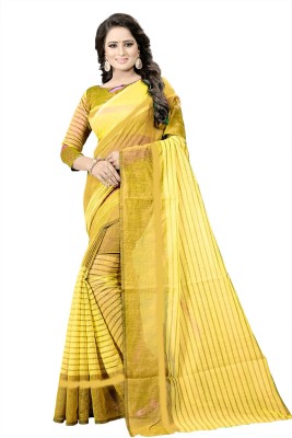 Silkbazar Striped Daily Wear Cotton Silk Saree(Yellow)