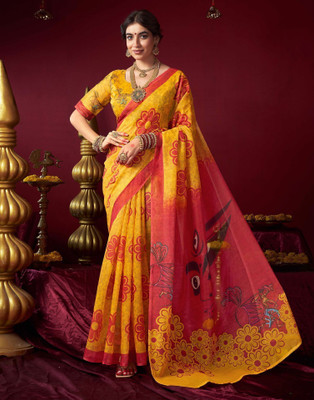 Samah Printed Garad Cotton Blend Saree(Yellow, Brown)