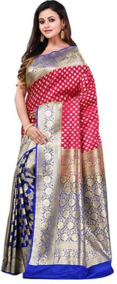 BongSaree Printed Banarasi Handloom Pure Silk Saree(Pink, Blue)
