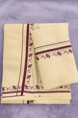 Adhvini Floral Print, Solid/Plain, Woven Mundum Neriyathum Pure Cotton Saree(Cream, Purple)