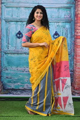 NIKHILAM Printed Daily Wear Pure Cotton Saree(Yellow)