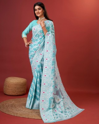 SHREE GHANSHYAM FASHION Embellished, Woven, Solid/Plain, Self Design, Striped Banarasi Cotton Silk, Jacquard Saree(Light Blue)