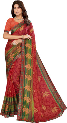 Madhur milan Printed, Floral Print Bollywood Viscose Rayon, Chiffon Saree(Red)