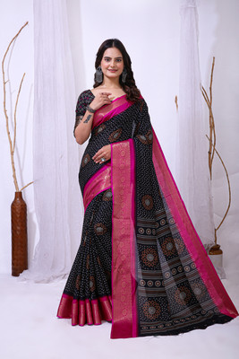 PeachPetals Printed Bandhani Cotton Blend Saree(Black, Pink)
