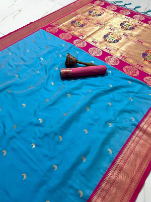 LeeliPeeri Designer Printed Paithani Cotton Silk Saree(Blue)
