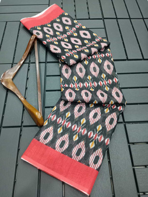 MAANVIT Self Design Banarasi Linen, Cotton Linen Saree(Black, Red)