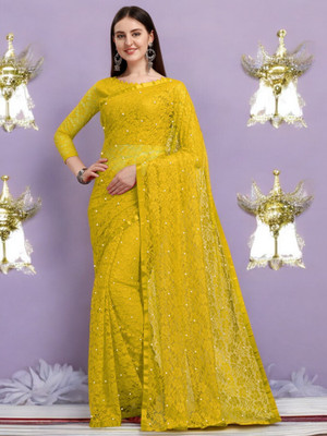 NexxaFashion Self Design Bollywood Net Saree(Yellow)