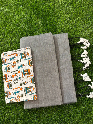 TARAMAACREATION Printed Kalamkari Handloom Pure Cotton Saree(Grey, Blue)