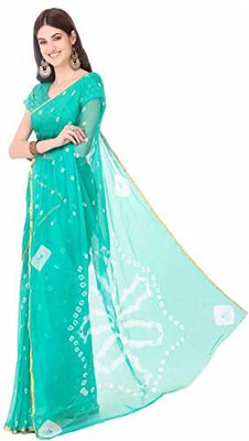 JustEthnic Geometric Print Bandhani Chiffon Saree(Green)