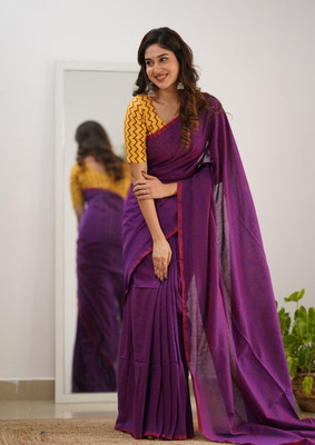 Maku Solid/Plain Handloom Pure Cotton Saree(Purple)