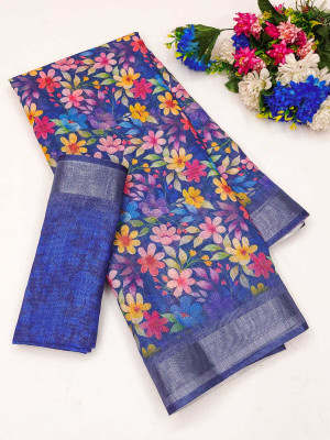 AARADHYA Printed Bollywood Cotton Linen Saree(Blue)