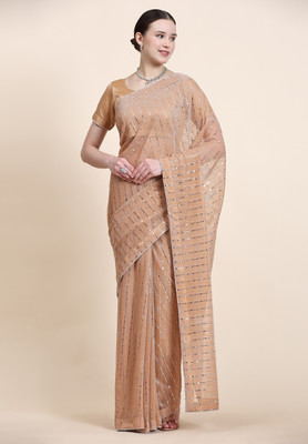 Swastik Creation Embellished Bollywood Lycra Blend Saree(Cream)