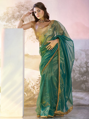 Kalista Embellished, Solid/Plain Bollywood Organza Saree(Green)