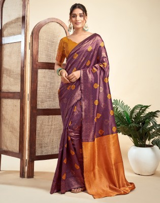 Divastri Woven Kanjivaram Silk Blend, Jacquard Saree(Purple, Mustard, Gold)