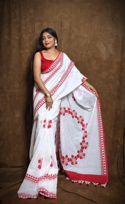 JHILUU Printed Handloom Pure Cotton Saree(White)