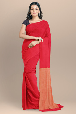 HouseOfCommon Solid/Plain Handloom Pure Cotton Saree(Red)