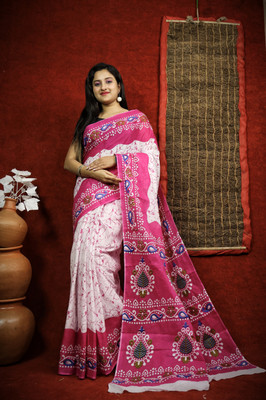 Happy Creation Printed Kalamkari Handloom Cotton Blend Saree(Multicolor)
