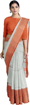 SLAGHA Woven Handloom Cotton Blend Saree(White, Orange)