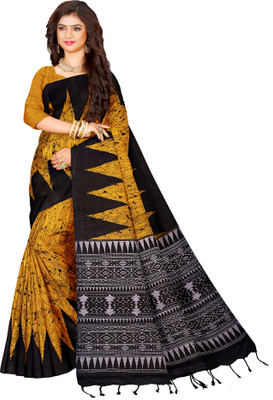 Quetzal Printed, Geometric Print Sambalpuri Pure Cotton Saree(Yellow, Black)