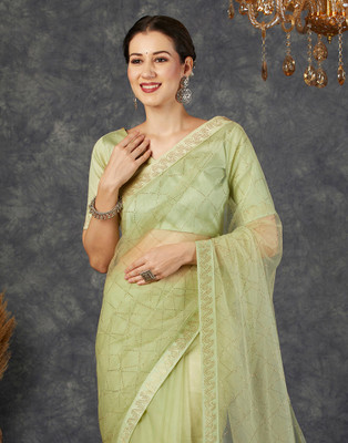Samah Dyed, Embellished Bollywood Net Saree(Light Green, Gold)