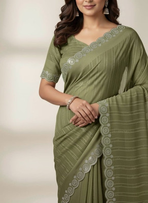 ShreeVastra Striped, Woven, Embellished, Floral Print Bollywood Georgette Saree(Multicolor)