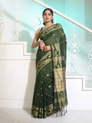 DURGA SAREE MALL Self Design Handloom Pure Cotton Saree(Dark Green)