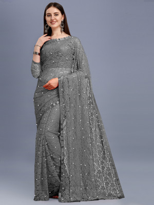 LOROFY Self Design Bollywood Net Saree(Grey)