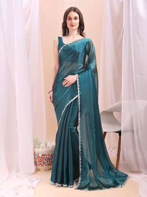 XOOM LADY Solid/Plain Bollywood Jimmy choo Saree(Blue)