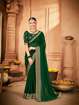 Divastri Solid/Plain Banarasi Georgette Saree(Green)