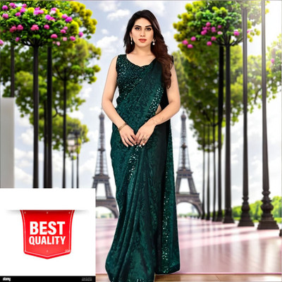 Vragi Solid/Plain Bollywood Lycra Blend Saree(Dark Green)