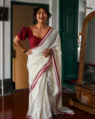 Anjali textile Solid/Plain Handloom Pure Cotton Saree(White)