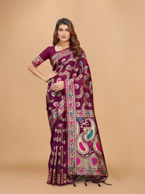 TTEJAL CREATION Self Design Kanjivaram Pure Silk Saree(Purple)