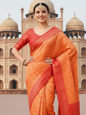 all about you Woven Kanjivaram Silk Blend Saree(Orange, Pink)
