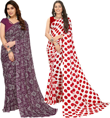 Anand Sarees Floral Print, Polka Print, Ombre, Printed Bollywood Georgette Saree(Pack of 2, Red, White, Purple)