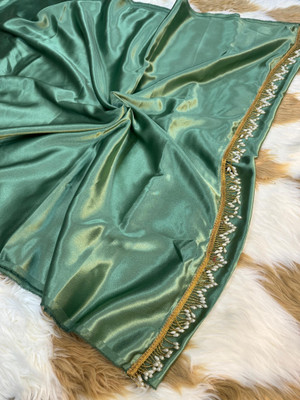 Banaras silk palace Solid/Plain Bollywood Satin Saree(Light Green)