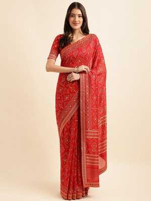 Divastri Printed Bandhani Silk Blend Saree(Red)