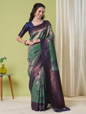 HERE&NOW Woven Banarasi Silk Blend Saree(Green)