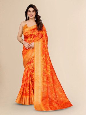 Moda Rapido Printed Bollywood Cotton Blend Saree(Orange)