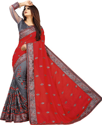 b bella creation Embroidered, Embellished Bollywood Net, Art Silk Saree(Red)