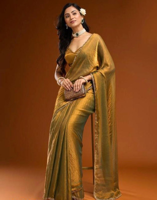 Telzip Solid/Plain Bollywood Chiffon Saree(Gold, Brown)