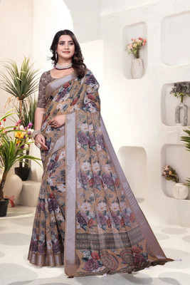 Mugdarra Floral Print Bollywood Silk Blend Saree(Cream)