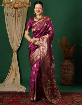 Samah Self Design, Woven, Embellished Banarasi Silk Blend, Jacquard Saree(Pink)