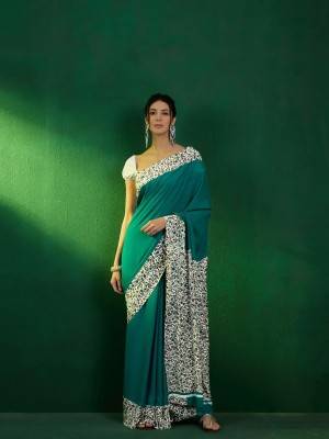 Vichitra Printed Daily Wear Crepe Saree(Green)