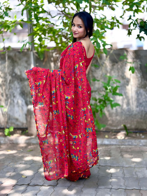 DAZLIO Printed Kalamkari Georgette Saree(Multicolor)